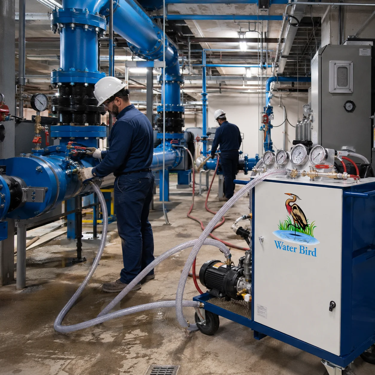 Technician performing HVAC chilled water pipeline flushing – Water Bird UAE
