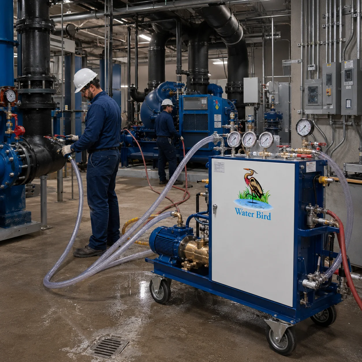 Technician performing Flushing Circulation Pump Rental – Water Bird UAE