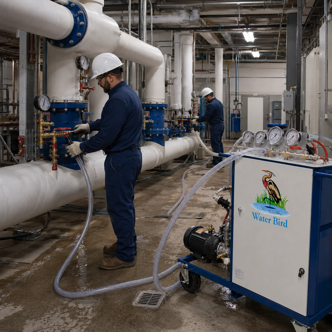 Technician performing Hot Water Pipeline Flushing – Water Bird UAE