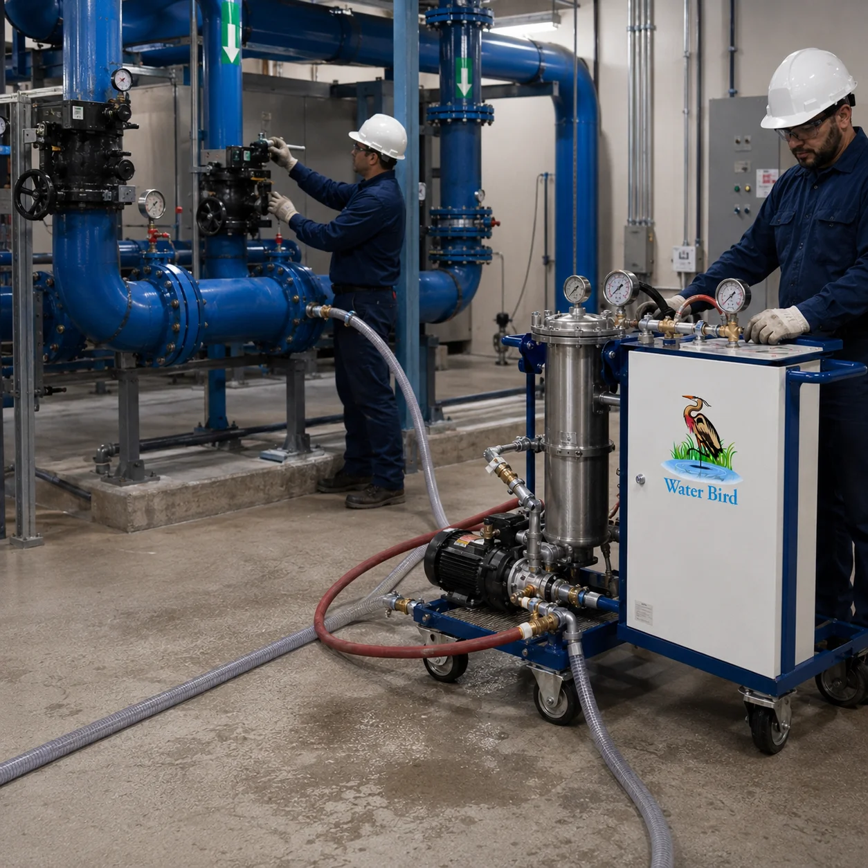 Technician performing Flushing Side Stream Filter Rental – Water Bird UAE